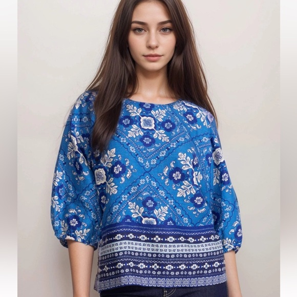 Johnny Was Tops - Johnny Was XXL Top Linen Blouse Blue
